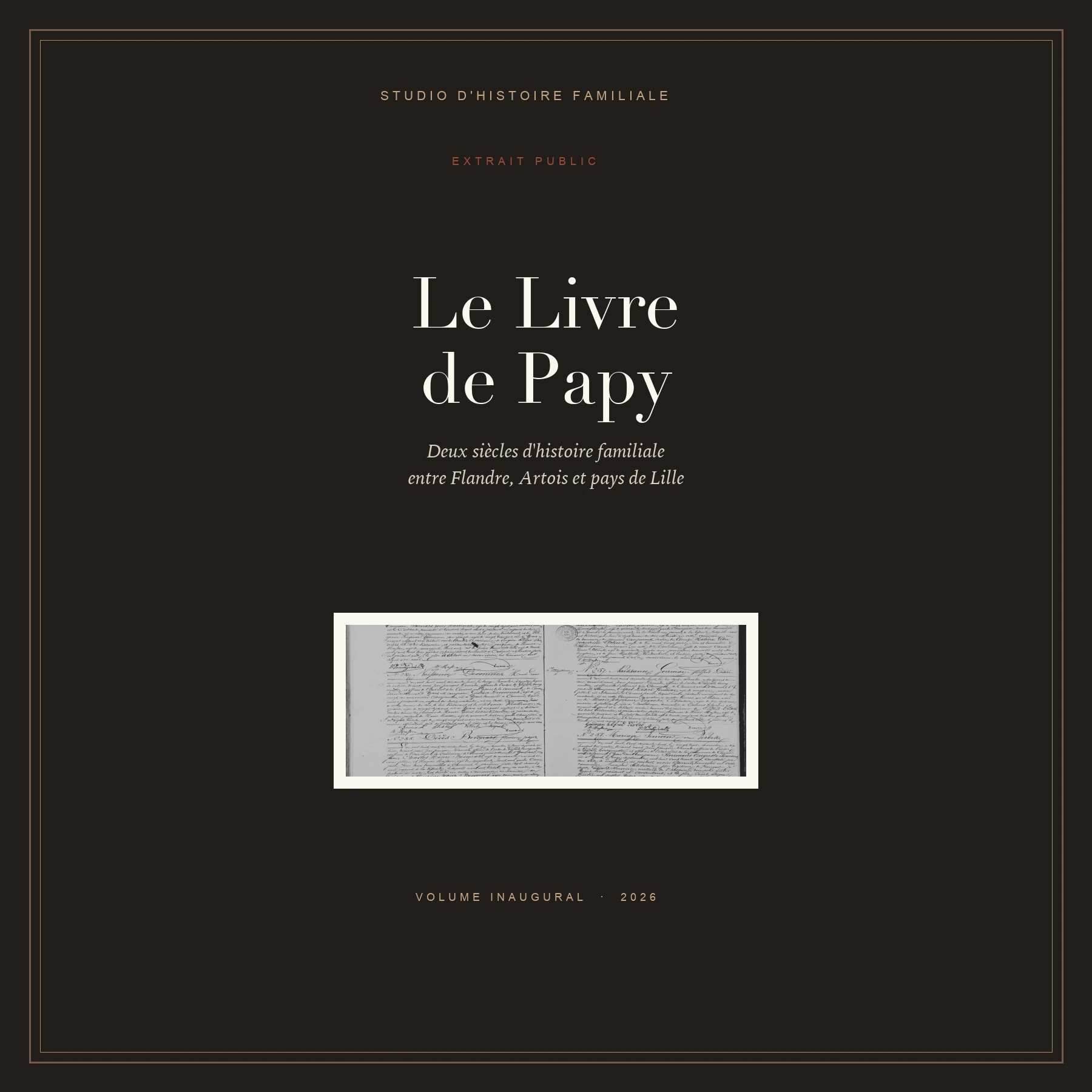 Couverture brune du Livre de Papy, encadrée de filets cuivrés
