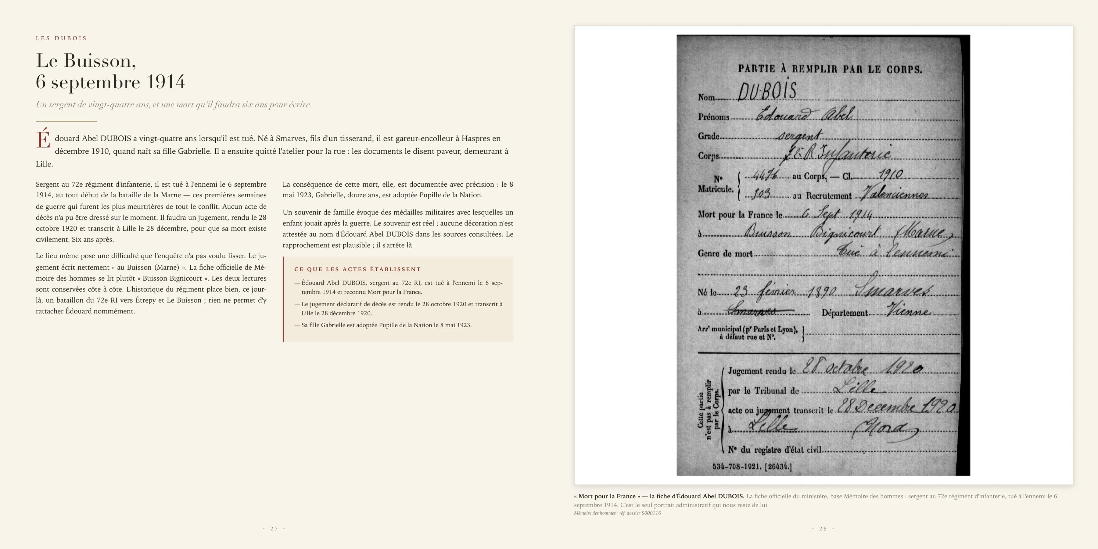 Double page consacrée à Édouard, soldat mort en 1914, et à sa fiche officielle