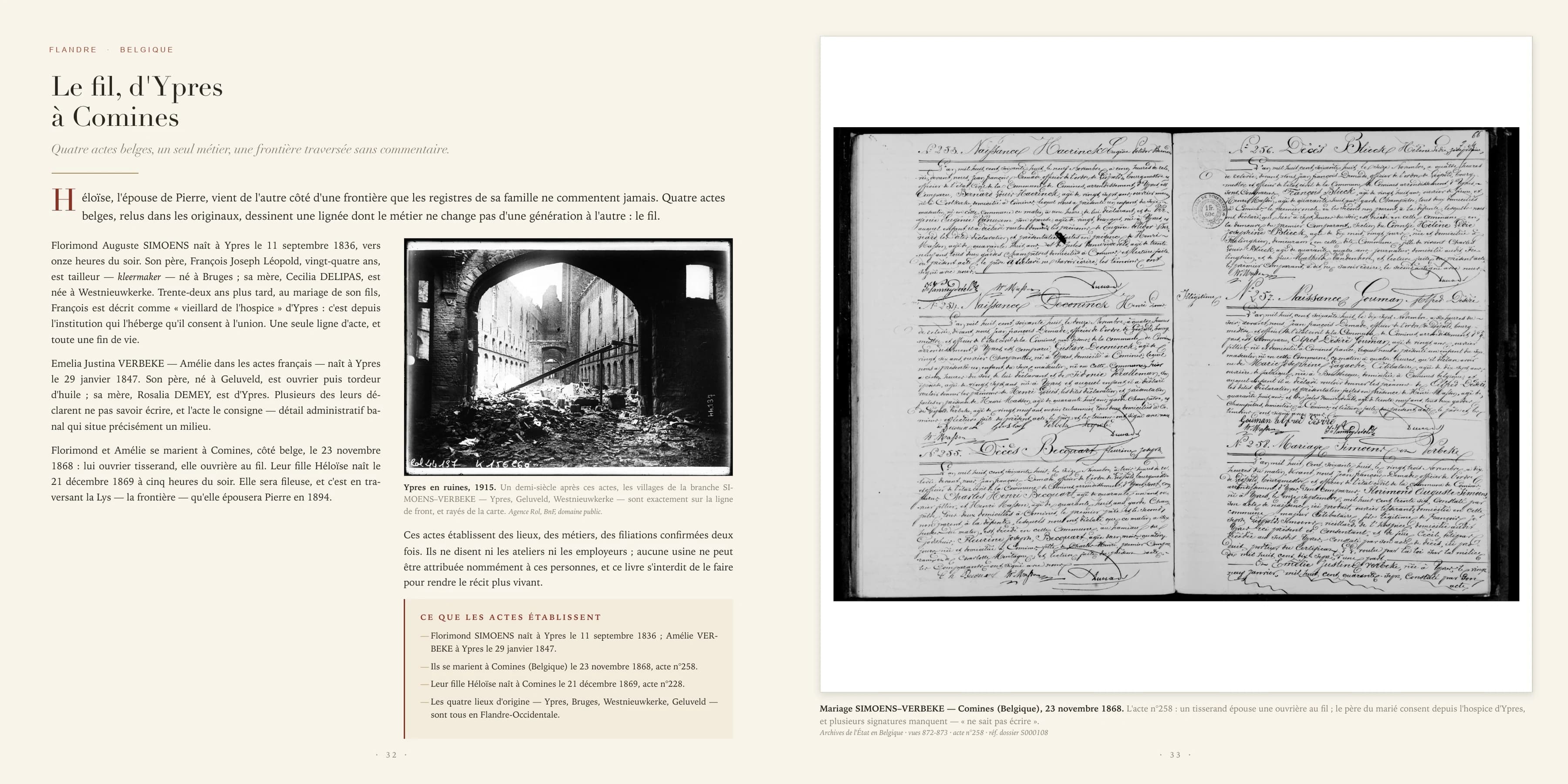 Double page sur Héloïse et une lignée textile entre Ypres et Comines, avec l’acte original